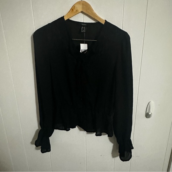 Forever 21 Black Relaxed Blouse with Bell Sleeves and Mandarin Collar - Picture 1 of 3